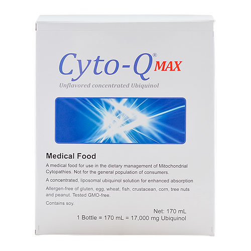 Boxed bottle of Cyto-Q MAX Ubiquinol Medical Food for Mitochondrial Cytopathies, Unflavored Concentrated Liquid, Net 170 mL